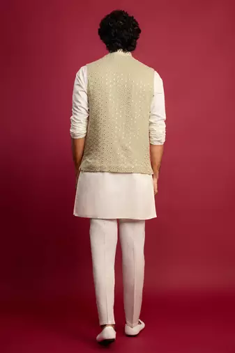 pista green sequin & thread embroidered nehru jacket with cream satin kurta & pants set | festive ethnic bundle |