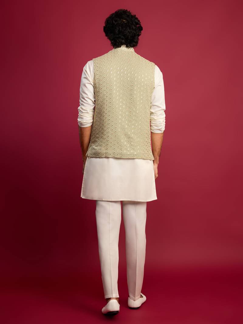 pista green sequin & thread embroidered nehru jacket with cream satin kurta & pants set | festive ethnic bundle |