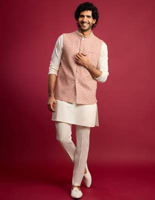 peach sequin & thread embroidered nehru jacket with cream satin kurta & pants set | festive ethnic bundle | 1