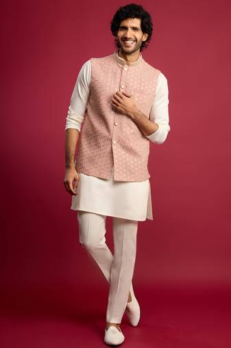 peach sequin & thread embroidered nehru jacket with cream satin kurta & pants set | festive ethnic bundle |
