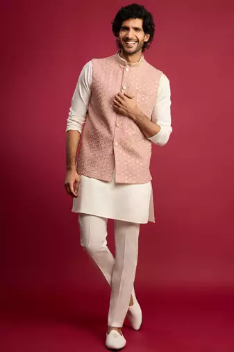 peach sequin & thread embroidered nehru jacket with cream satin kurta & pants set | festive ethnic bundle |
