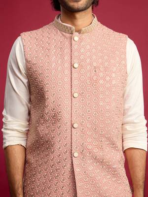 peach sequin & thread embroidered nehru jacket with cream satin kurta & pants set | festive ethnic bundle | 2