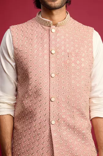 peach sequin & thread embroidered nehru jacket with cream satin kurta & pants set | festive ethnic bundle |