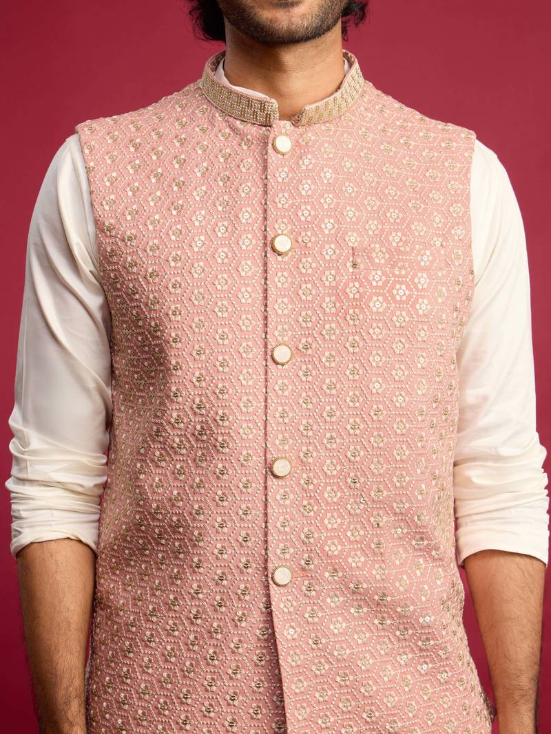 peach sequin & thread embroidered nehru jacket with cream satin kurta & pants set | festive ethnic bundle |