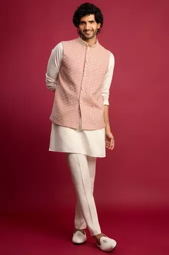 peach sequin & thread embroidered nehru jacket with cream satin kurta & pants set | festive ethnic bundle |