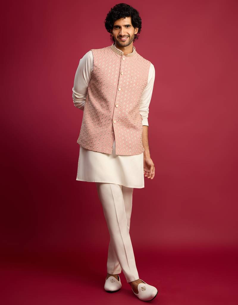 peach sequin & thread embroidered nehru jacket with cream satin kurta & pants set | festive ethnic bundle |