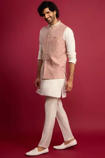 peach sequin & thread embroidered nehru jacket with cream satin kurta & pants set | festive ethnic bundle |
