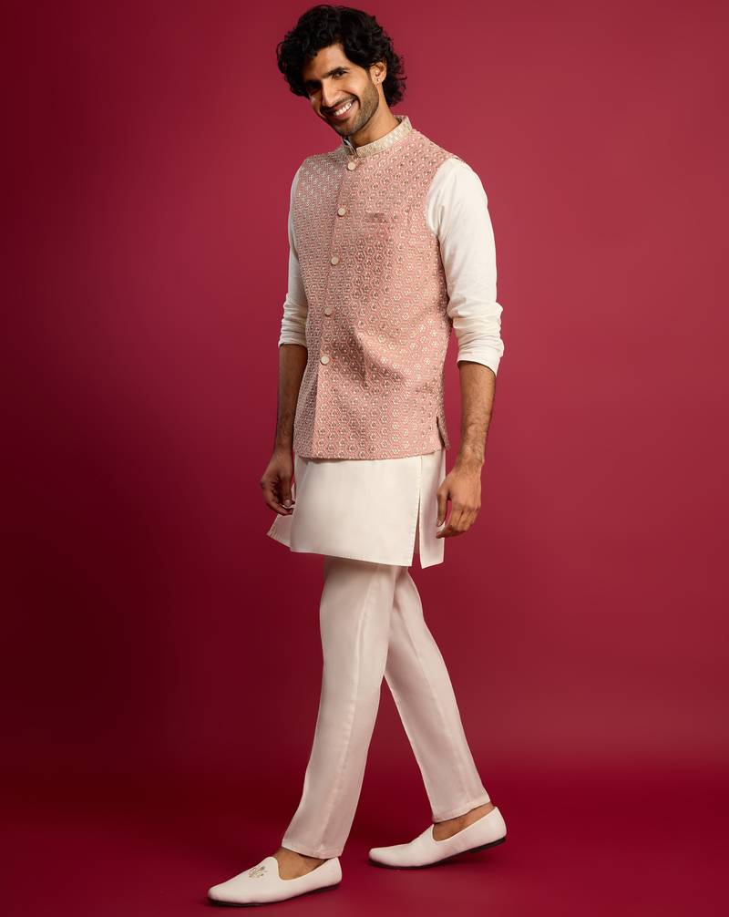 peach sequin & thread embroidered nehru jacket with cream satin kurta & pants set | festive ethnic bundle |