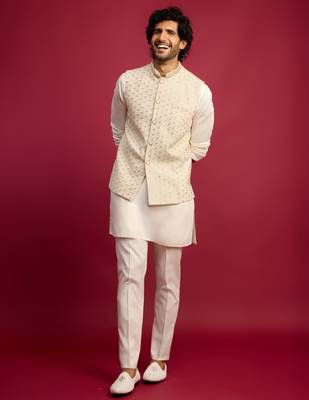 off white chikankari nehru jacket with cream satin kurta pant set | wedding & festive wear 1