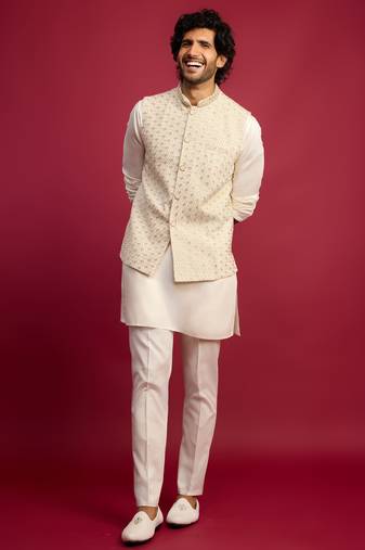 off white chikankari nehru jacket with cream satin kurta pant set | wedding & festive wear