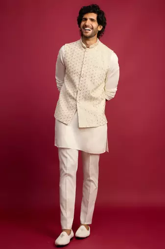 off white chikankari nehru jacket with cream satin kurta pant set | wedding & festive wear