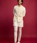 off white chikankari nehru jacket with cream satin kurta pant set | wedding & festive wear
