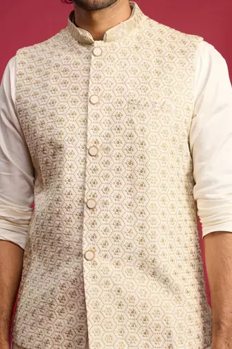 off white chikankari nehru jacket with cream satin kurta pant set | wedding & festive wear