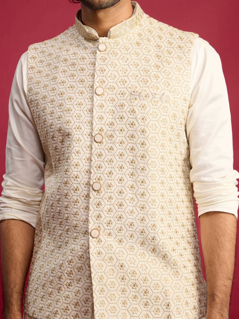 off white chikankari nehru jacket with cream satin kurta pant set | wedding & festive wear