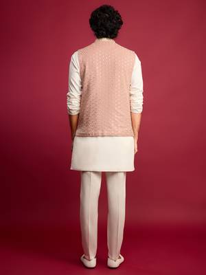 peach sequin & thread embroidered nehru jacket with cream satin kurta & pants set | festive ethnic bundle | 5