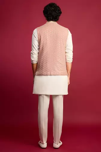 peach sequin & thread embroidered nehru jacket with cream satin kurta & pants set | festive ethnic bundle |