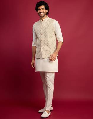 off white chikankari nehru jacket with cream satin kurta pant set | wedding & festive wear 3