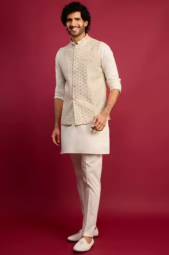 off white chikankari nehru jacket with cream satin kurta pant set | wedding & festive wear