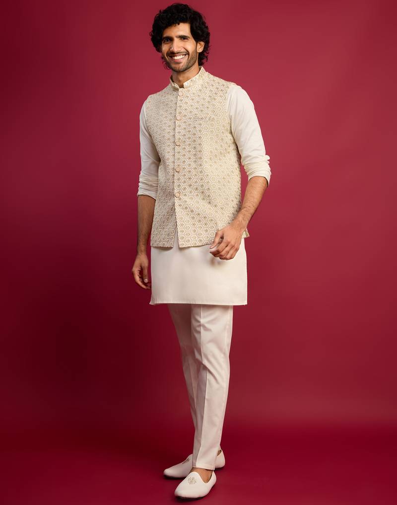 off white chikankari nehru jacket with cream satin kurta pant set | wedding & festive wear