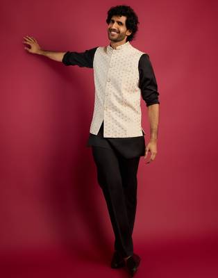 off-white sequin embroidered nehru jacket with black satin kurta & pants set | contrast festive bundle | 1