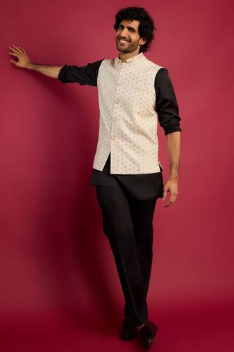 off-white sequin embroidered nehru jacket with black satin kurta & pants set | contrast festive bundle |