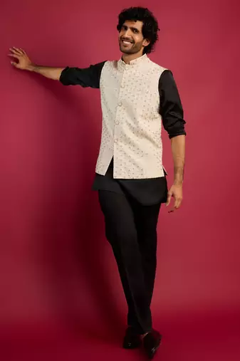 off-white sequin embroidered nehru jacket with black satin kurta & pants set | contrast festive bundle |