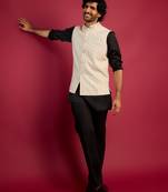 off-white sequin embroidered nehru jacket with black satin kurta & pants set | contrast festive bundle |