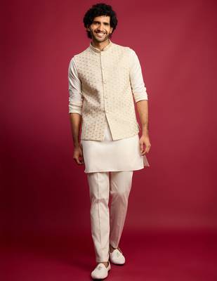 off white chikankari nehru jacket with cream satin kurta pant set | wedding & festive wear 4