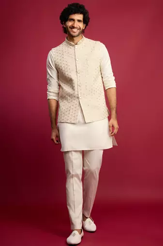 off white chikankari nehru jacket with cream satin kurta pant set | wedding & festive wear