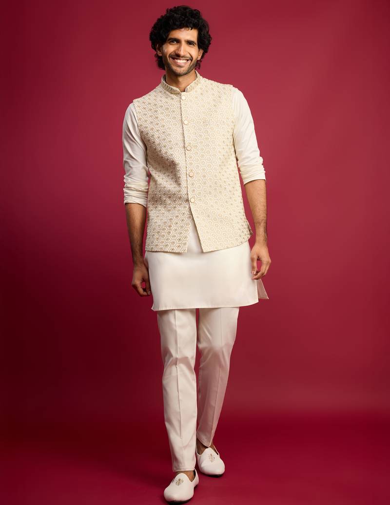 off white chikankari nehru jacket with cream satin kurta pant set | wedding & festive wear