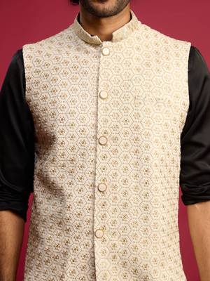 off-white sequin embroidered nehru jacket with black satin kurta & pants set | contrast festive bundle | 2