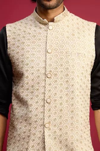 off-white sequin embroidered nehru jacket with black satin kurta & pants set | contrast festive bundle |