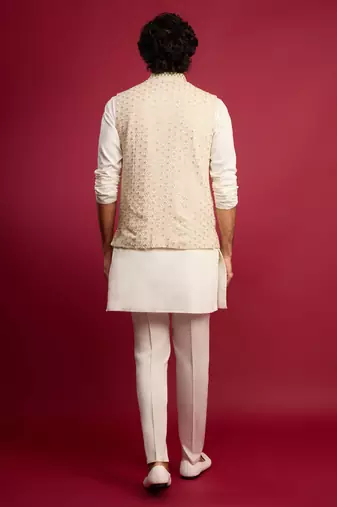 off white chikankari nehru jacket with cream satin kurta pant set | wedding & festive wear