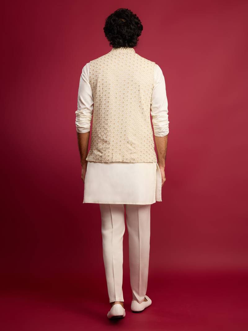 off white chikankari nehru jacket with cream satin kurta pant set | wedding & festive wear