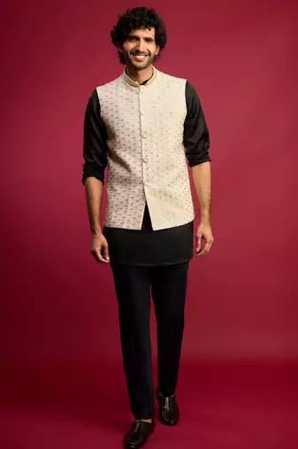off-white sequin embroidered nehru jacket with black satin kurta & pants set | contrast festive bundle |