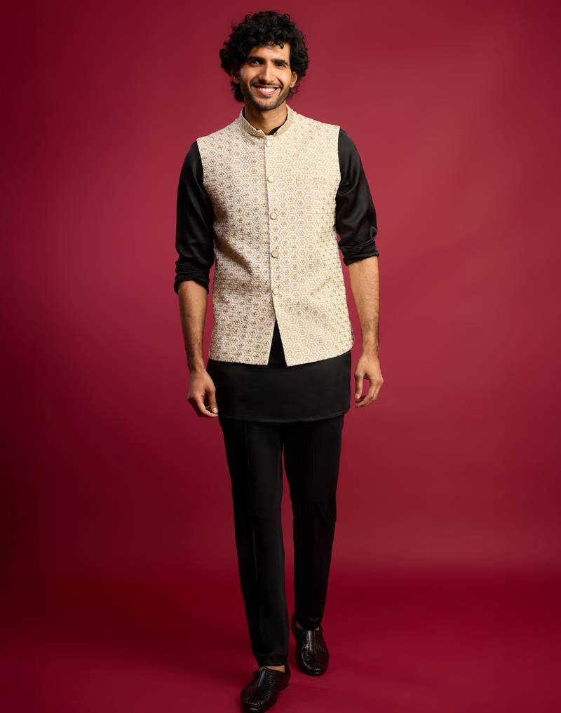 off-white sequin embroidered nehru jacket with black satin kurta & pants set | contrast festive bundle |