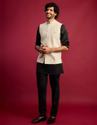 off-white sequin embroidered nehru jacket with black satin kurta & pants set | contrast festive bundle | 4