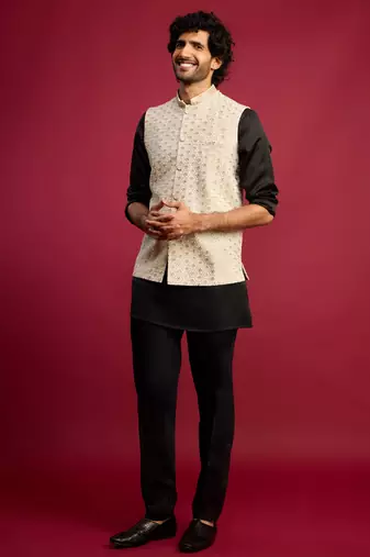 off-white sequin embroidered nehru jacket with black satin kurta & pants set | contrast festive bundle |