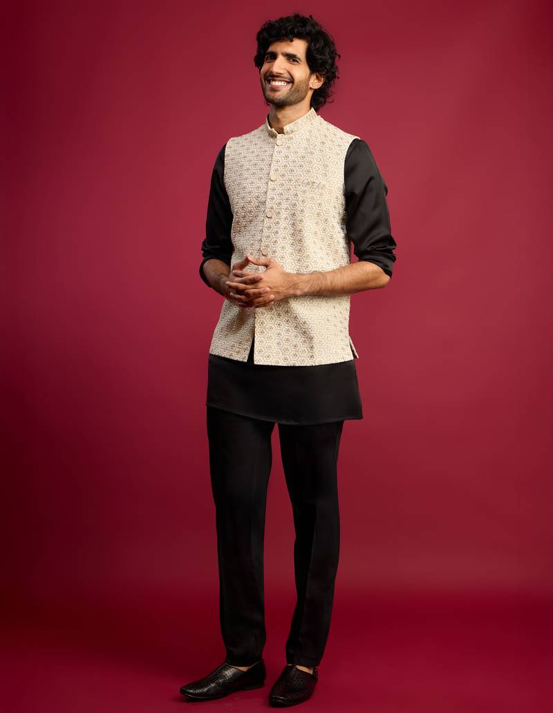 off-white sequin embroidered nehru jacket with black satin kurta & pants set | contrast festive bundle |