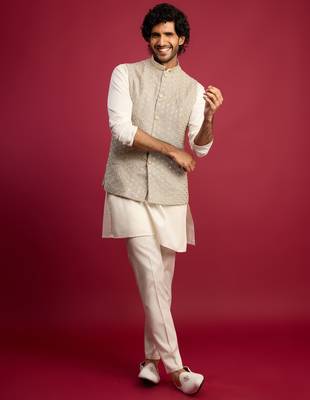 grey chikankari nehru jacket with cream satin kurta pant set | wedding & festive wear 1