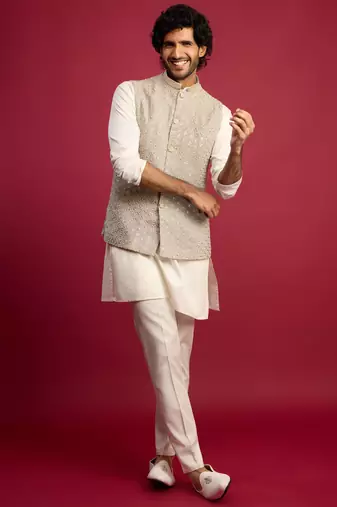 grey chikankari nehru jacket with cream satin kurta pant set | wedding & festive wear