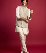 grey chikankari nehru jacket with cream satin kurta pant set | wedding & festive wear