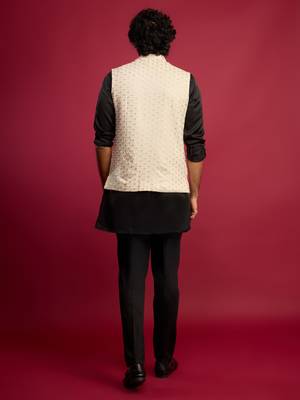 off-white sequin embroidered nehru jacket with black satin kurta & pants set | contrast festive bundle | 5