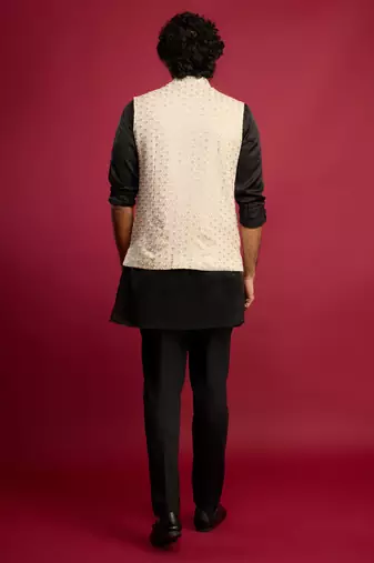 off-white sequin embroidered nehru jacket with black satin kurta & pants set | contrast festive bundle |