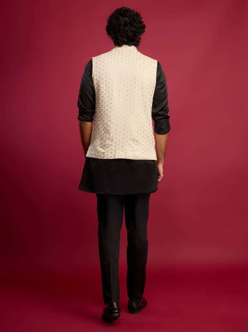 off-white sequin embroidered nehru jacket with black satin kurta & pants set | contrast festive bundle |