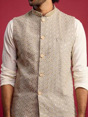 grey chikankari nehru jacket with cream satin kurta pant set | wedding & festive wear 2