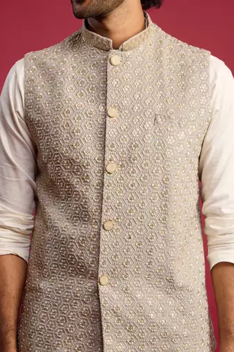 grey chikankari nehru jacket with cream satin kurta pant set | wedding & festive wear