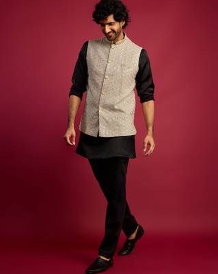 grey sequin & thread embroidered nehru jacket with black satin kurta & pants set | festive ethnic bundle | 1