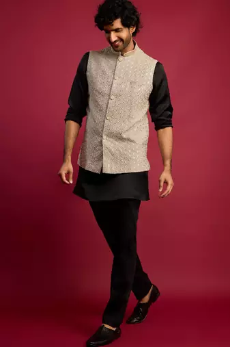 grey sequin & thread embroidered nehru jacket with black satin kurta & pants set | festive ethnic bundle |
