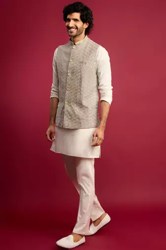 grey chikankari nehru jacket with cream satin kurta pant set | wedding & festive wear